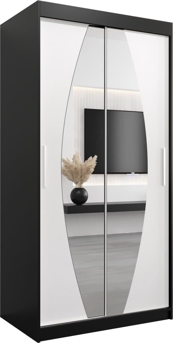 InspireMe - Kledingkast met 2 schuifdeuren, Modern-stijl, Een kledingkast met planken en een spiegel (BxHxD): 100x200x62 - GLOBE 100 Zwart Mat + Wit Mat