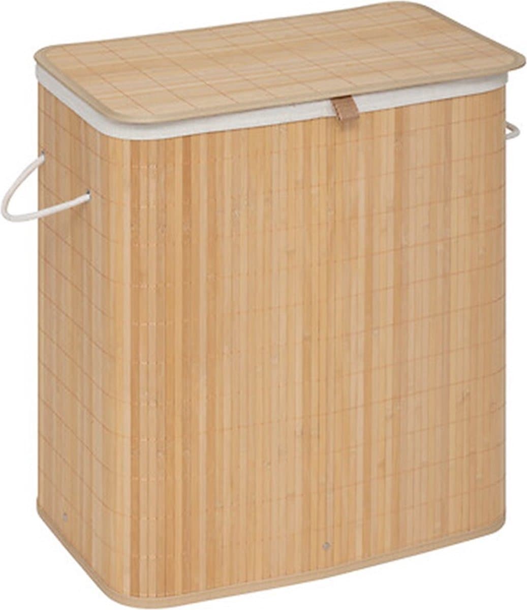 5five wasmand van bamboe met deksel - 2 compartimenten, 100 liter, naturel, 52 x 32 x 63 cm