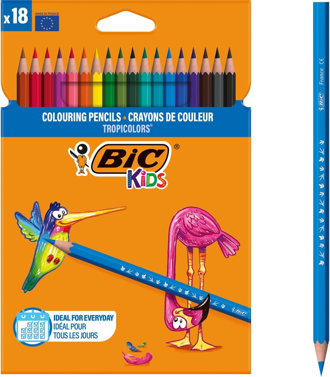 BIC Kids Tropicolors Kleurpotloden met Brede Punt (2,9 mm) - Diverse Kleuren, Doos van 18