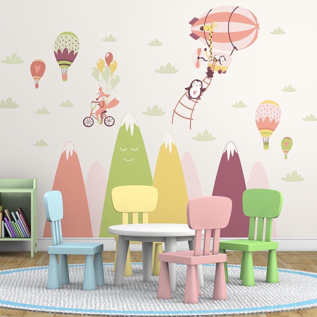 Scandinavische bergstickers met gekke dieren in de lucht, 60 x 90 cm