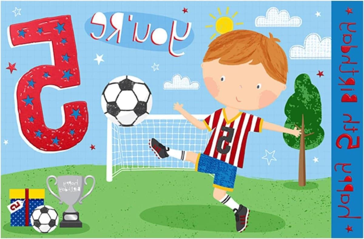 Verjaardagskaart Jongen - Wenskaart 5 Jaar - Verjaardag Vieren - Voetbal Design - 138 x 212 mm - Multicolor