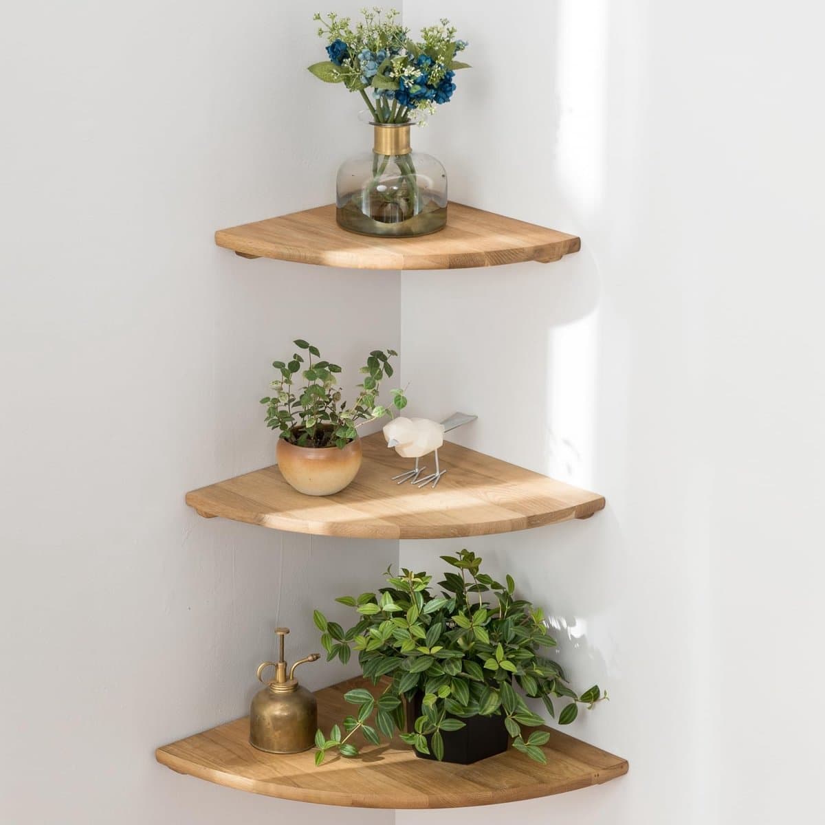 Dailygoods - Rustiek eikenhouten hoekplank - Zwevende planken - Set van 3 - Natuurlijk eiken - Decoratieve wandplanken - Voor luidsprekers en boeken