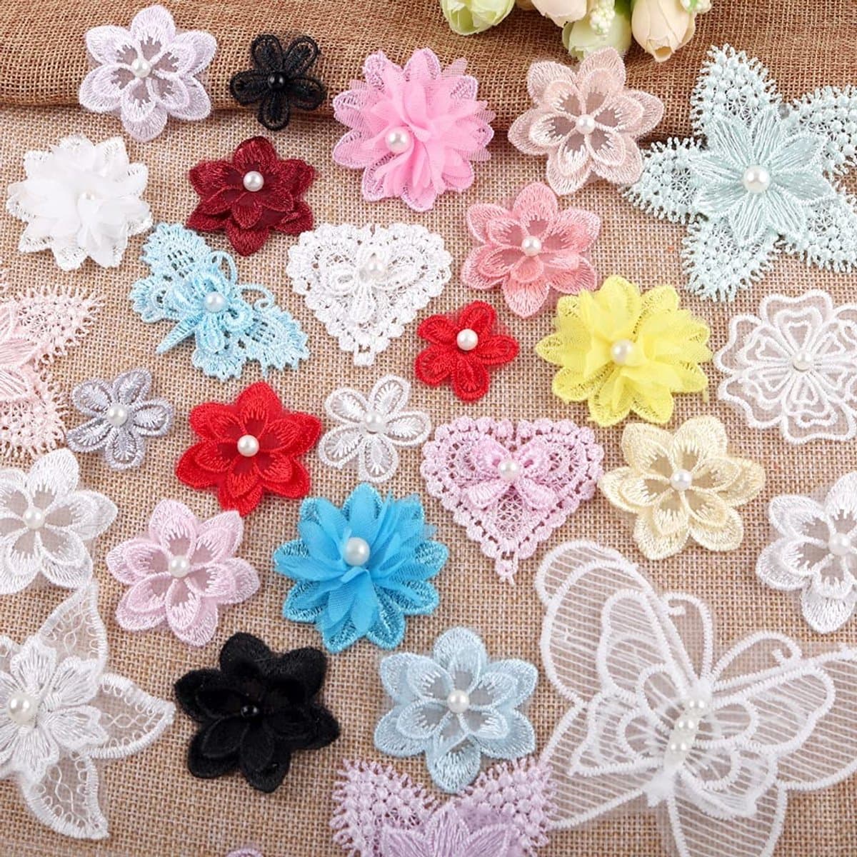 Dailygoods- Patches voor Kleding 12 Stuks - Borduurpatches - Applicaties voor op Kleding - Patches Strijken - Kant Bloemen - Organza Parels