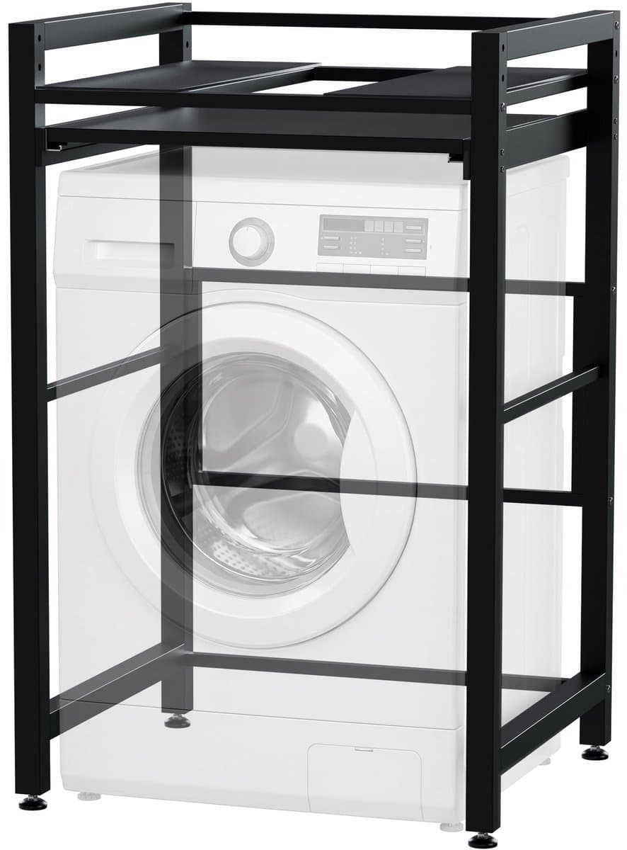 CLP Alara Wasmachinerek - Wasmachine Verhoger & Droger Stapelrek met Uitschuifbare Legplank - Universele Wasmachine Sokkel - zwart