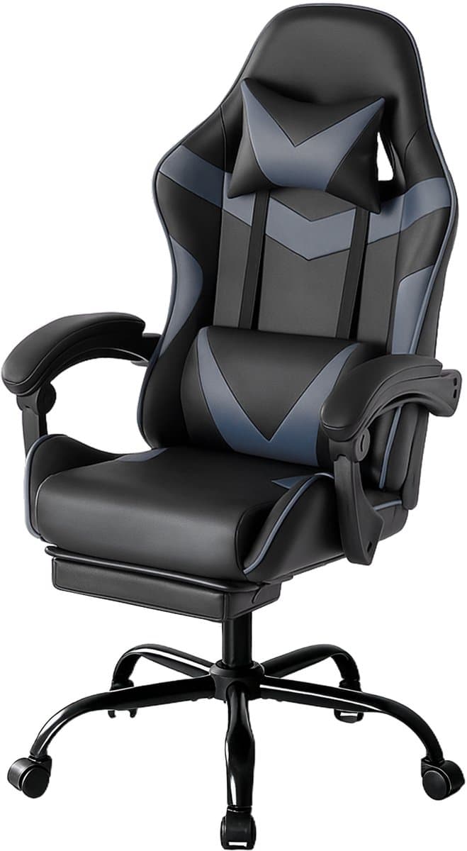 Gamingstoel / Ergonomische Bureaustoel - Kunstleer - Met Voetensteun, Hoofdsteun & Lendenkussen - Verstelbare Hoogte - 125 kg Draagvermogen