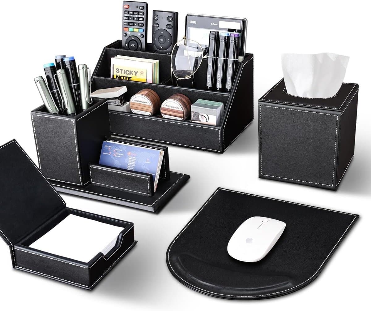 Dailygoods- Kantooraccessoireset 5-delig - Bureau-organizer - Pennenhouder/Visitekaarthouder - Muismat - Notitiebox - Hoogwaardig PU-leer - Bureauaccessoires