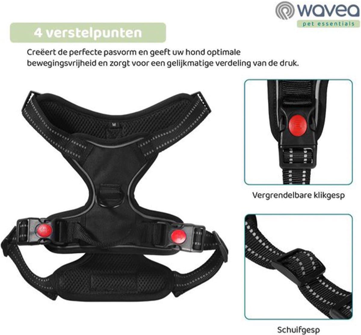 Pet essentials wavea harnas zwart Large - nek 46-66 cm - borst 43-86 cm - verstelbaar- antitrek - reflecterend