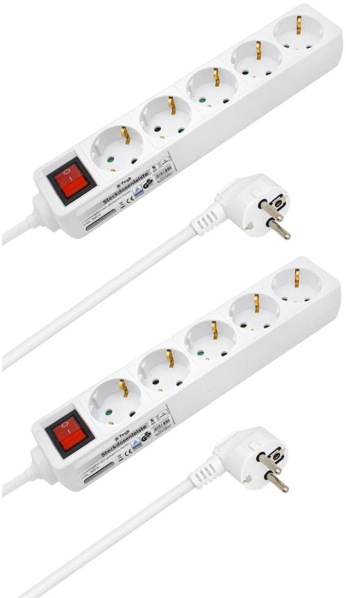 B-Tech Stekkerdoos 5-voudig - 2x - wit - 141 cm snoer - met randaarde en schakelaar - stekkerdozen - verlengsnoeren/verlengkabels