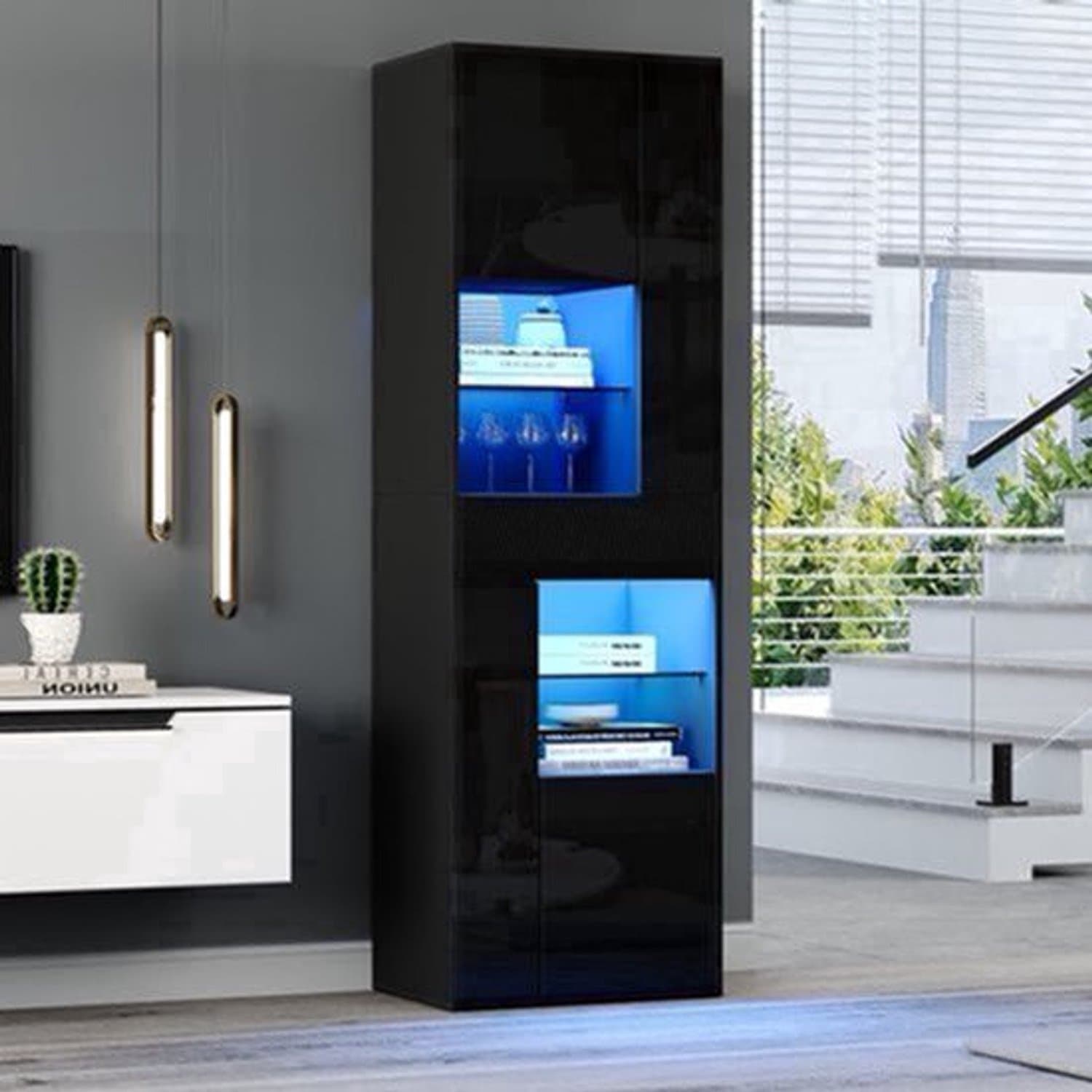 Dressoir – Opbergkast – Ladekast – Buffetkast – Kast – Zwart – Glazen Deuren – 55x38x170 cm – 4 Kasten & 1 Lade – Modern Minimalistisch Design