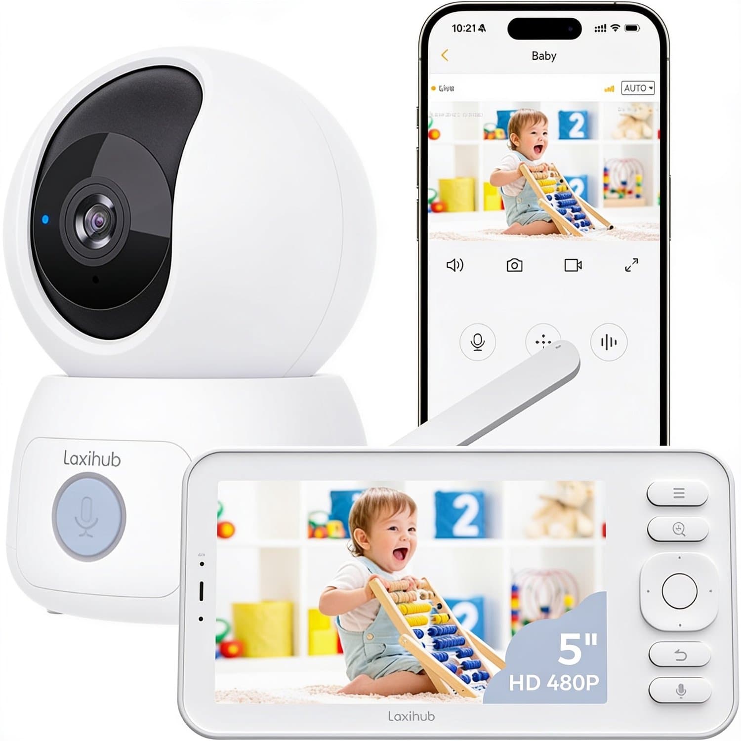 Laxihub AINANNY C3 Kit Wifi Baby Monitor - Babyfoon met Camera - Babyfoon met 5 Inch Scherm - Full HD-Resolutie - Arenti App Slaapliedjes & Temperatuur - Alexa & Google