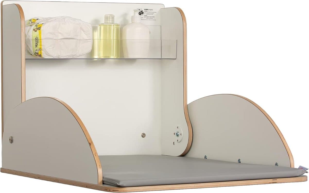 Timkid luiertafel, TÜV-getest, inklapbare en ruimtebesparende wandwikkeltafel, incl. grijze wikkelmat, ideaal voor openbare en particuliere ruimtes, Made in Germany
