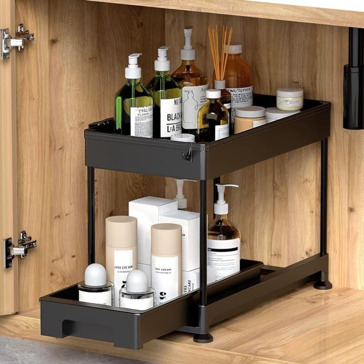 2-laags opbergkast voor onder de gootsteen met schuiflade, multifunctionele opbergplank met haken voor keuken, badkamer, wasruimte, zwart