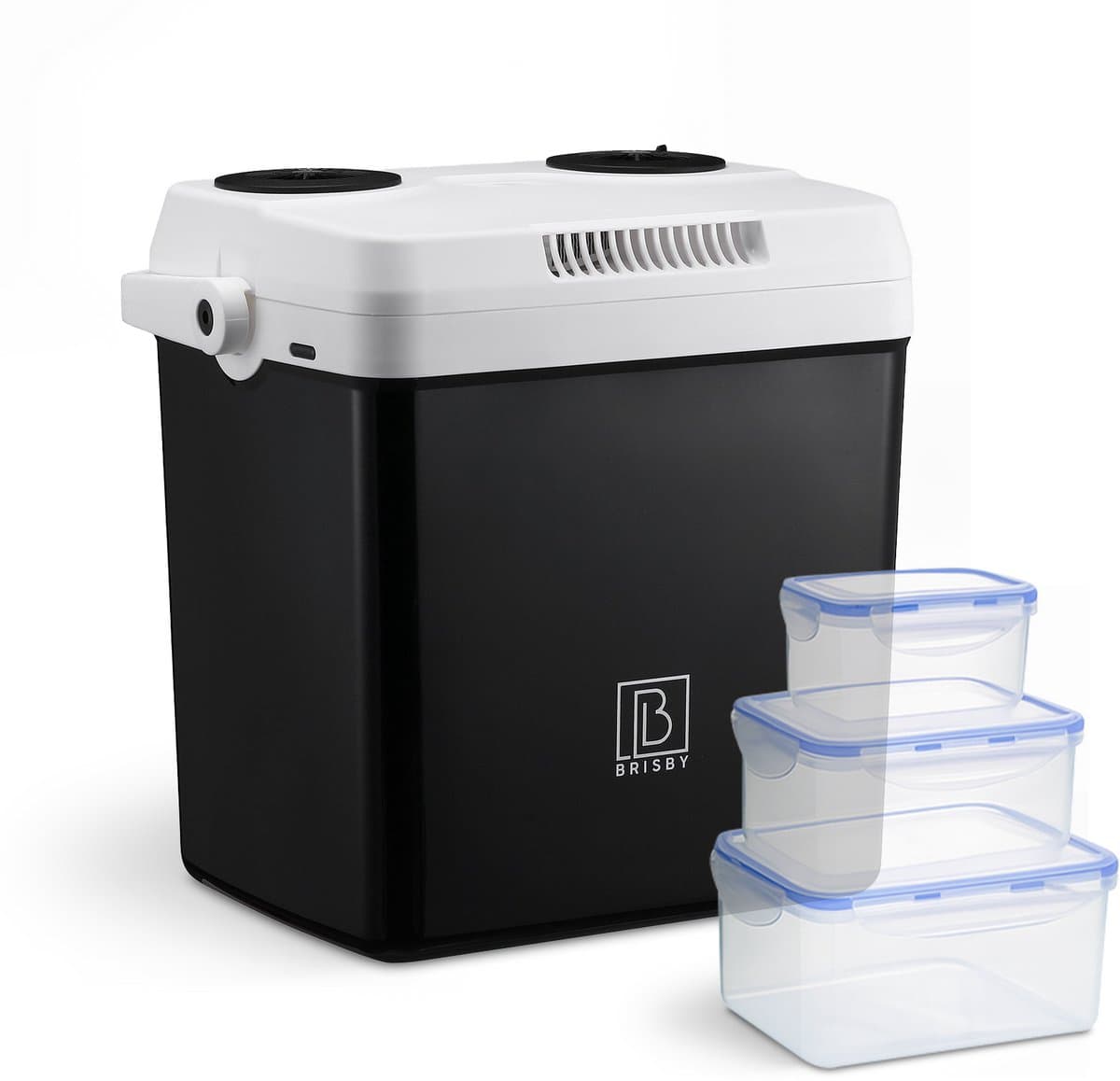 Brisby 25 Liter Elektrische Koelbox, Frigobox Deluxe met 12V, 220/230 Volt Aansluiting voor Auto en Camping – AC/DC - Coolbox - Divider en Deksel vergrendelstand - ZWART