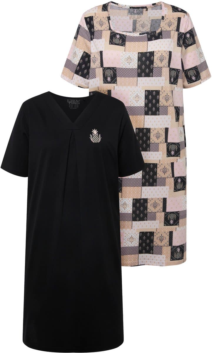 Ulla Popken - Dames - Bigshirts set van 2 ananas korte mouwen carré-/V-hals - Zwart - Maat 46+