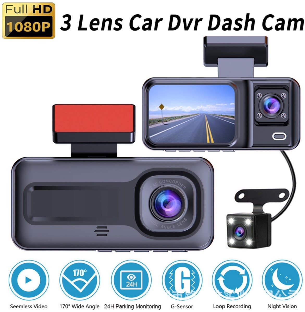 Autocamera (DVR) - Inbouw-DVR - Camera's voor, interieur en achterkant - Full HD - 120° groothoek - Loopopname - Zwaartekrachtsensor (met 32GB geheugenkaart)