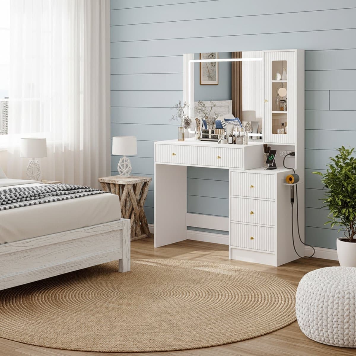 Make-uptafel met LED-spiegel 100x40x140 cm, moderne kaptafel met 5 laden, zijkast, USB-oplaadpoort en brede spiegel 72 cm, make-up bureau voor slaapkamer en kleedkamer – Altameubel