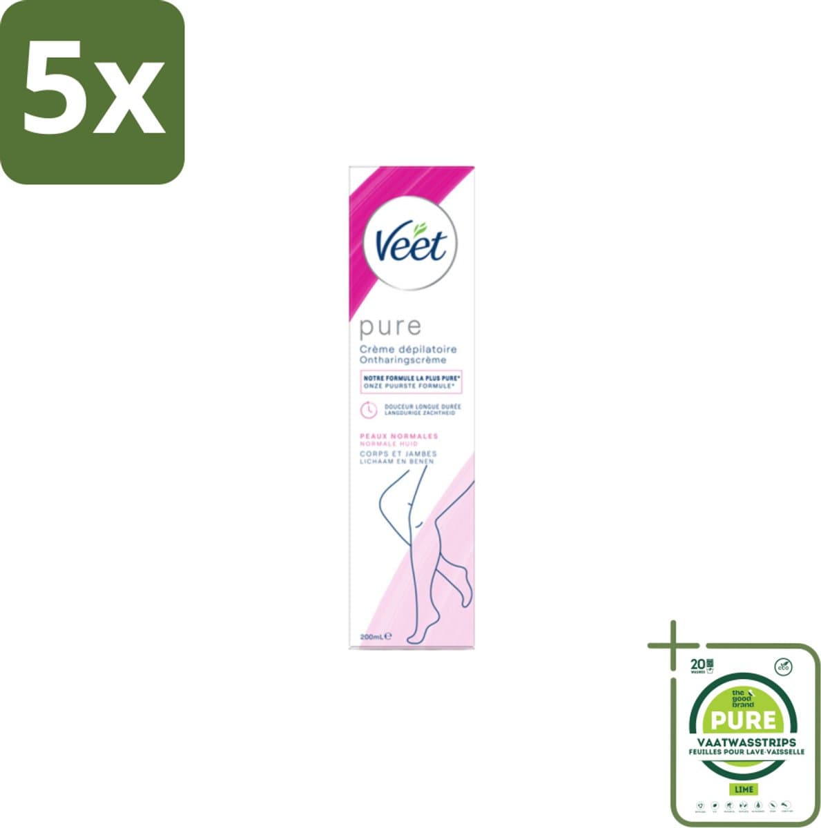 5 x Veet Ontharingscrème Pure Normale Huid 100 ml - Grootverpakking - Ontharingscrème - Veet - Gladde Huid - Zachte Huid - Ontharen Benen
