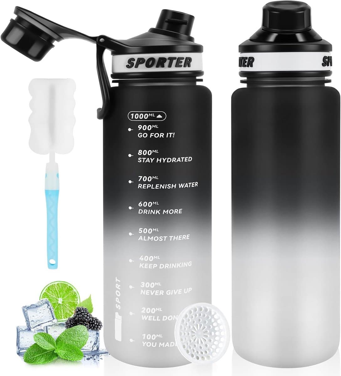 Grote Drinkfles 1 Liter met Tijdmarkering - Lekvrij & BPA-vrij Sportwaterfles