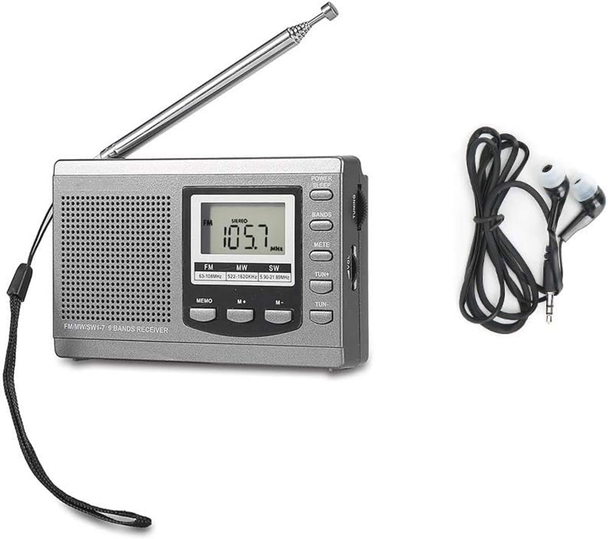 Draagbare Digitale FM/MW/SW-radio met Wekker en Koptelefoon aansluiting voor Buitenwandelingen