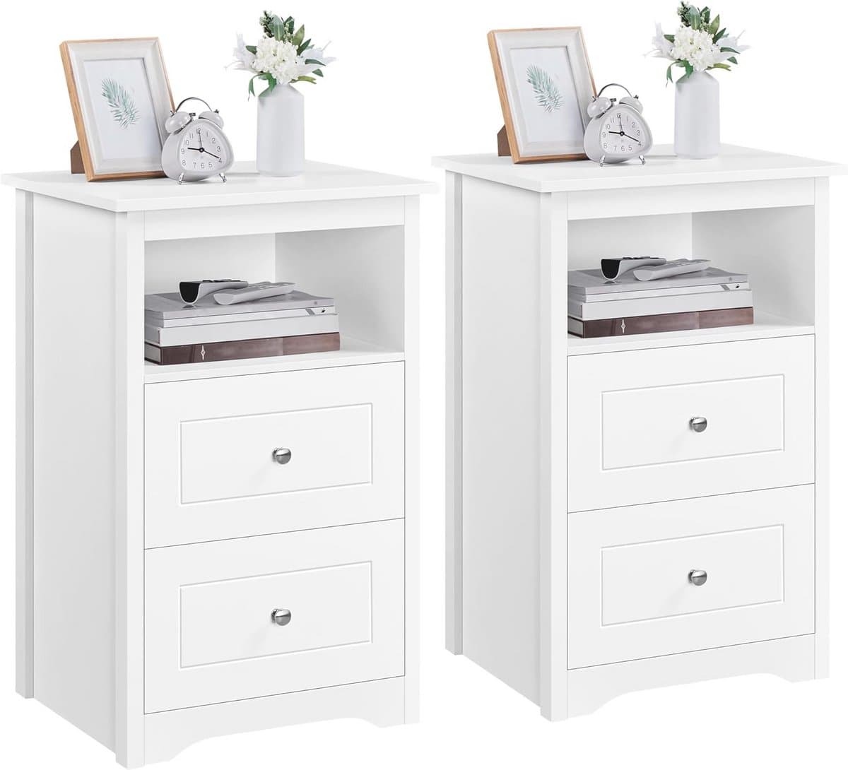 Set van 2 nachtkastjes met 2 laden - Wit nachtkastje voor boxspringbed 73,5 cm hoog - Perfect voor slaapkamer en woonkamer