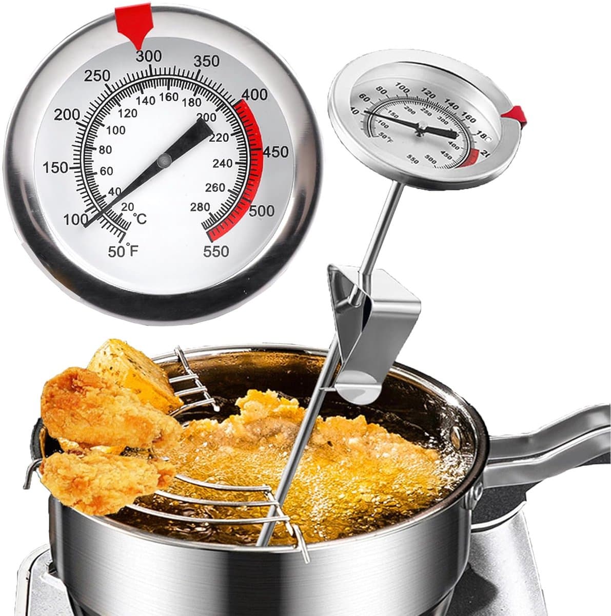 ANMI® RVS Braadthermometer Analoog - Bimetalen Vleesthermometer tot 290°C - Dial Thermometer met 200 mm Sonde - Dubbele Schaal °C en °F - Met Verstelbare Clip voor Frituren Koken en BBQ