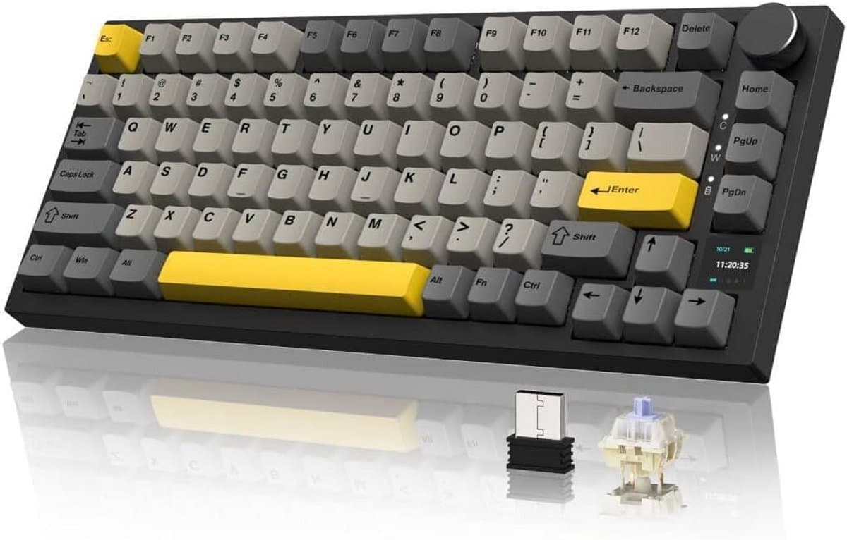 Draadloos mechanisch toetsenbord met RGB Backlit en TFT-kleurendisplay, 2,4 GHz/BT5.0/USB-C, 75% indeling, Hot-Swap functionaliteit, 81 toetsen, 4000 mAh batterij