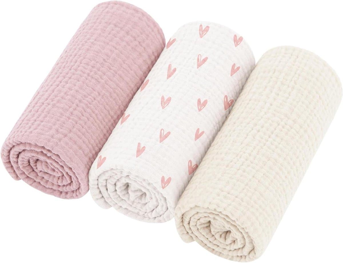 Babydoeken - Spuugdoeken Mousseline - Baby Verzorgen - 100% Katoen - 60 x 60 cm - Roze Hart