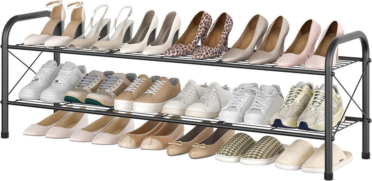 Schoenenrek met 2 niveaus voor kast, schoenenrek vrijstaand, entree schoenenplank, schoenenopbergorganizer, duurzaam schoenenrek in mesh-stijl, zwart
