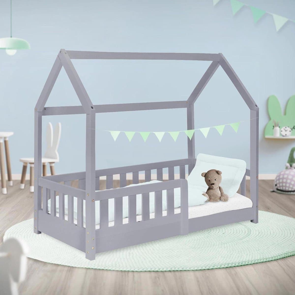Kinderbed Huislook - Bedhuisje Meisjes Jongens - Dromen en Spelen - Met Uitvalbeveiliging Dak - 70x140 cm - Lichtgrijs