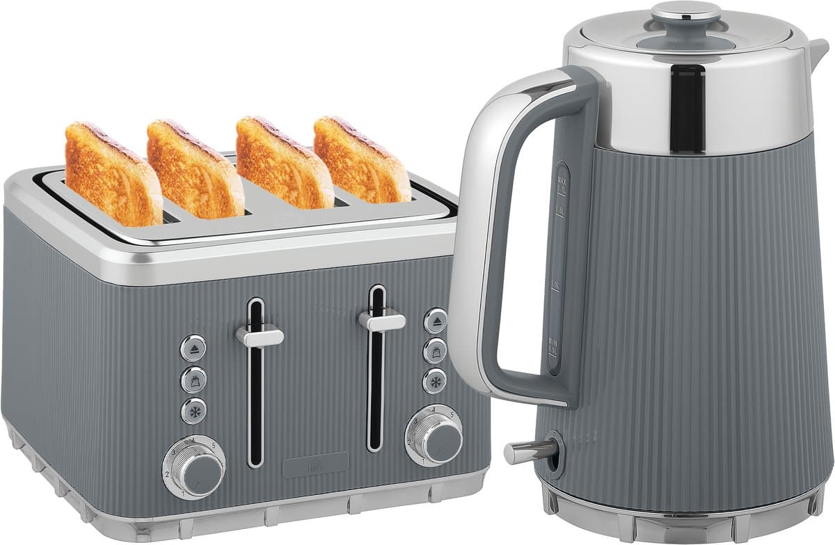 ECTEATOY® Ontbijtset - Waterkoker 1,7L 2200W & Broodrooster 4 Sneden - Met Kalkfilter en 7 Bruiningsstanden - Grijs
