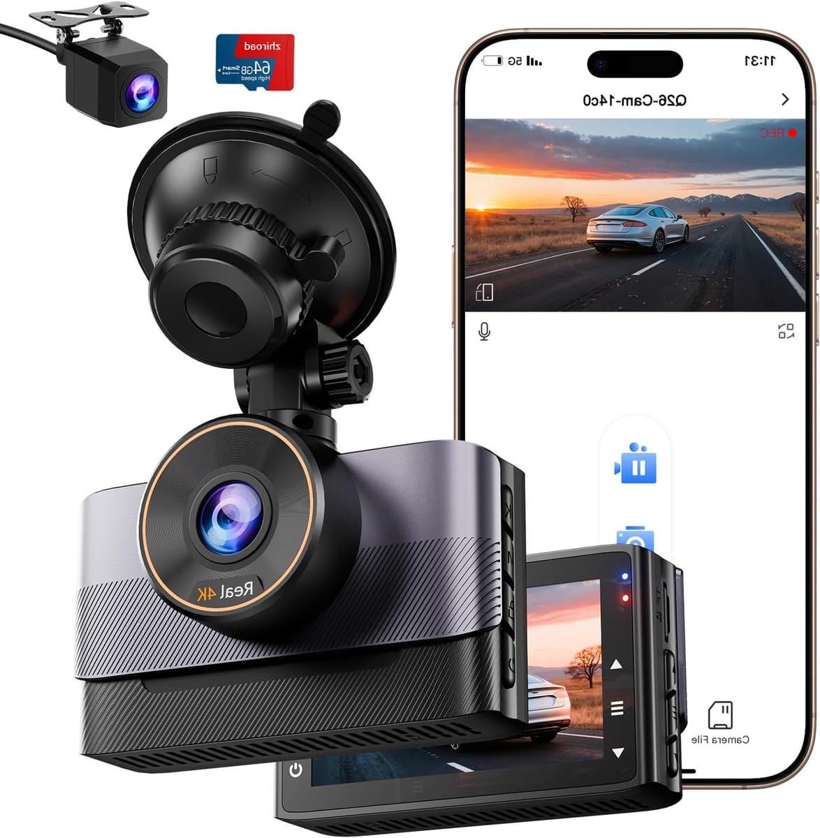 4K Dashcam Voor en Achter - Dubbele Auto Camera - Veilig Rijden Vastleggen - 24U Parkeerbewaking - Met 64GB SD