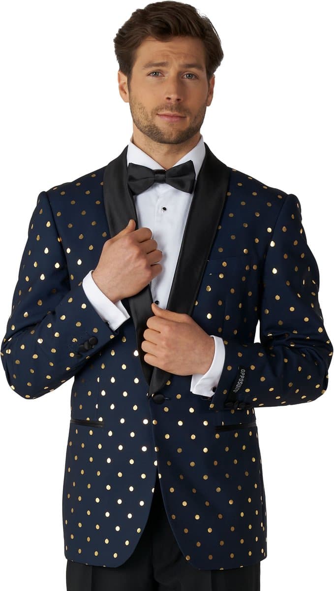 OppoSuits Goldy Dots - Heren Tuxedo Smoking met Vlinderdas - Chique -Donkerblauw- Maat EU 50