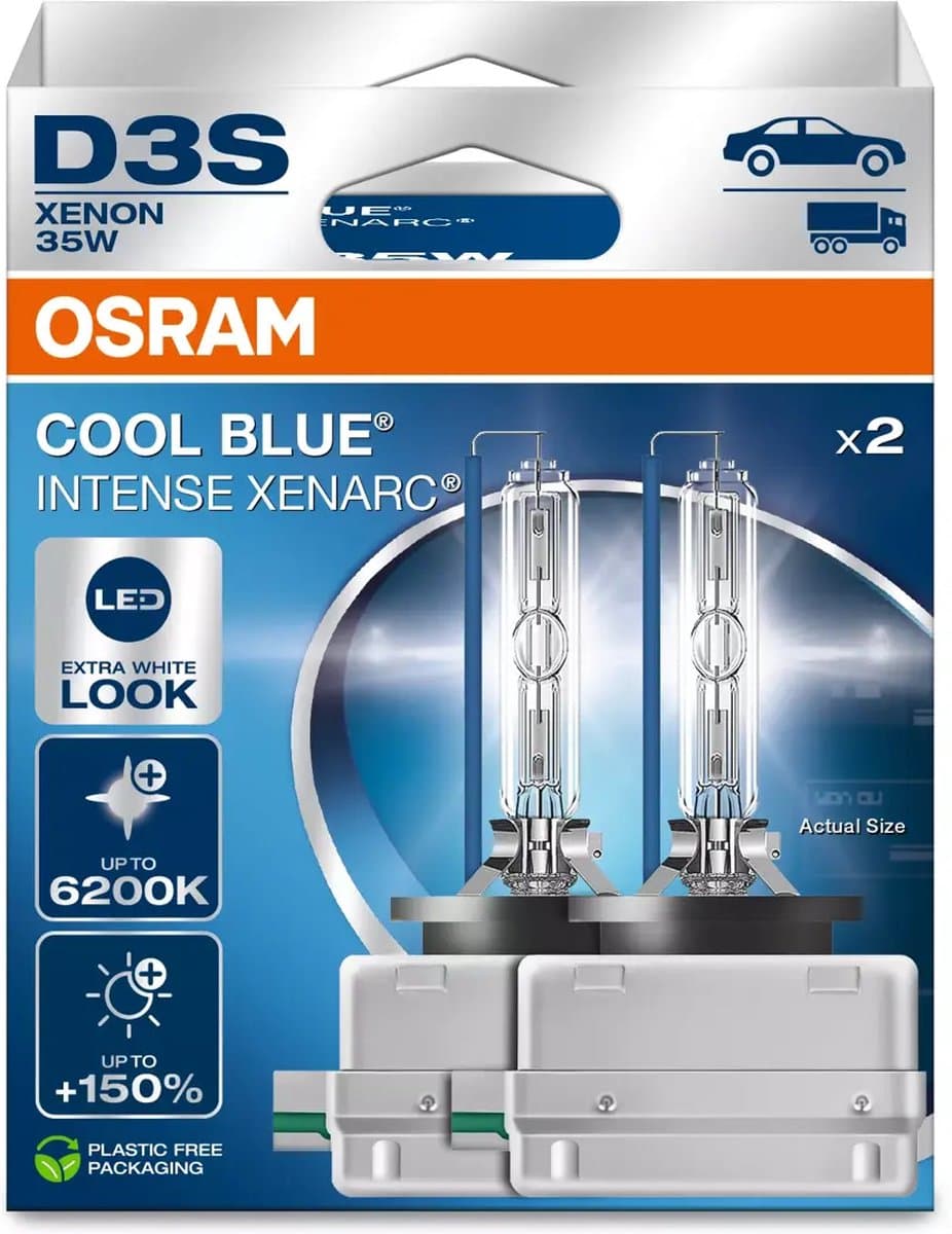 OSRAM XENARC® COOL BLUE® INTENSE D3S, 150% meer licht, tot 6.200K, xenon koplamp, LED-look, 2 lampen