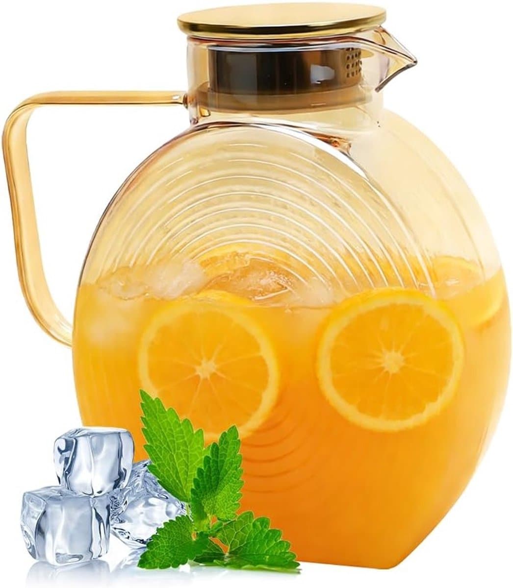 Borosilicaat Glazen Waterkaraf met Deksel, 2.2 Liter, Ideaal voor Fruitinfusies en Lekvrije Koelkastdeur, Geschikt voor Warme en Koude Dranken