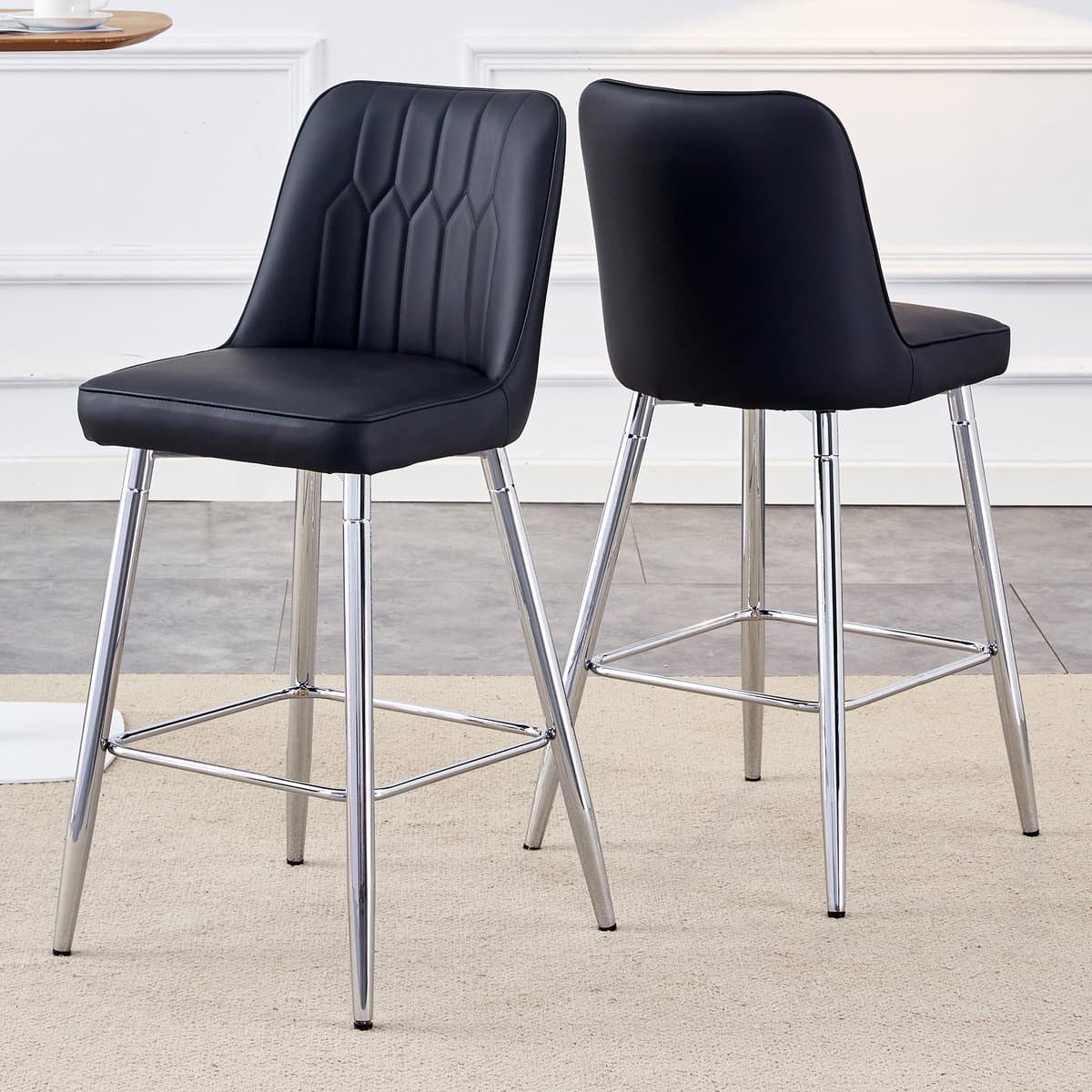 REDOM - Barkrukken Set Van 2 Met Rugleuning En Voetensteun - Modern - Voor Huisbar En Kookeiland - Metaal En PU-Leer - Zwart En Zilver - 100 cm