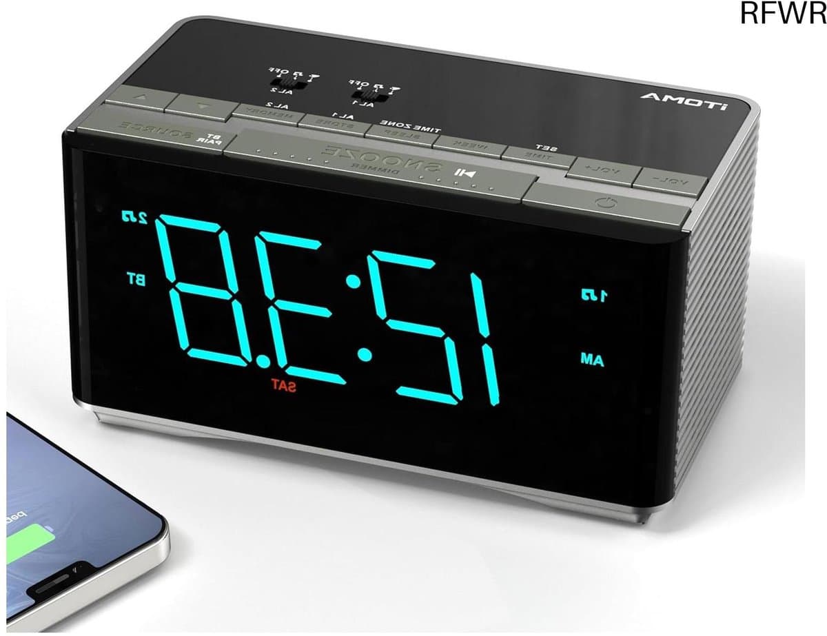 Wekkerradio - Stereospeaker Klok - Ontwaken Muziek Luisteren - Dubbele Alarm Instelling - 14.5 x 8 x 7.5 CM - Zwart