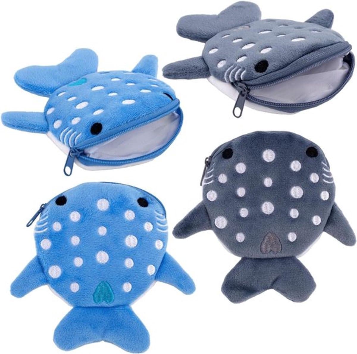 - Grappige Walvis Portemonnee - Schattig - Pluche - Muntzakje met Rits - Haai - Voor Kinderen en Vrouwen - Blauw - Portemonnee voor Koptelefoons Munten Bankbiljetten en Lippenstift - Geschikt voor Alle Leeftijden - 4 Stuks
