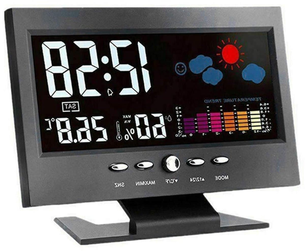 Digitale Weerklok - Temperatuur Vochtigheidsmeter - Thuiscomfort Monitoren - Kleurrijk Groot Display - 15 x 12 x 3 cm - Zwart