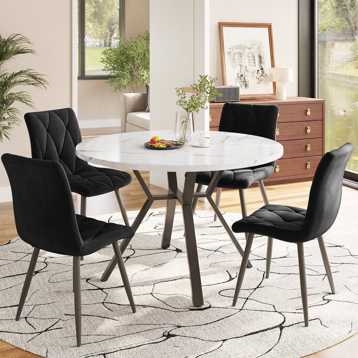 Eettafel- en stoeltjesset - 5-delig - ronde eettafel en 4 stoelen - zwarte tafelpoten - zwarte eetstoelen