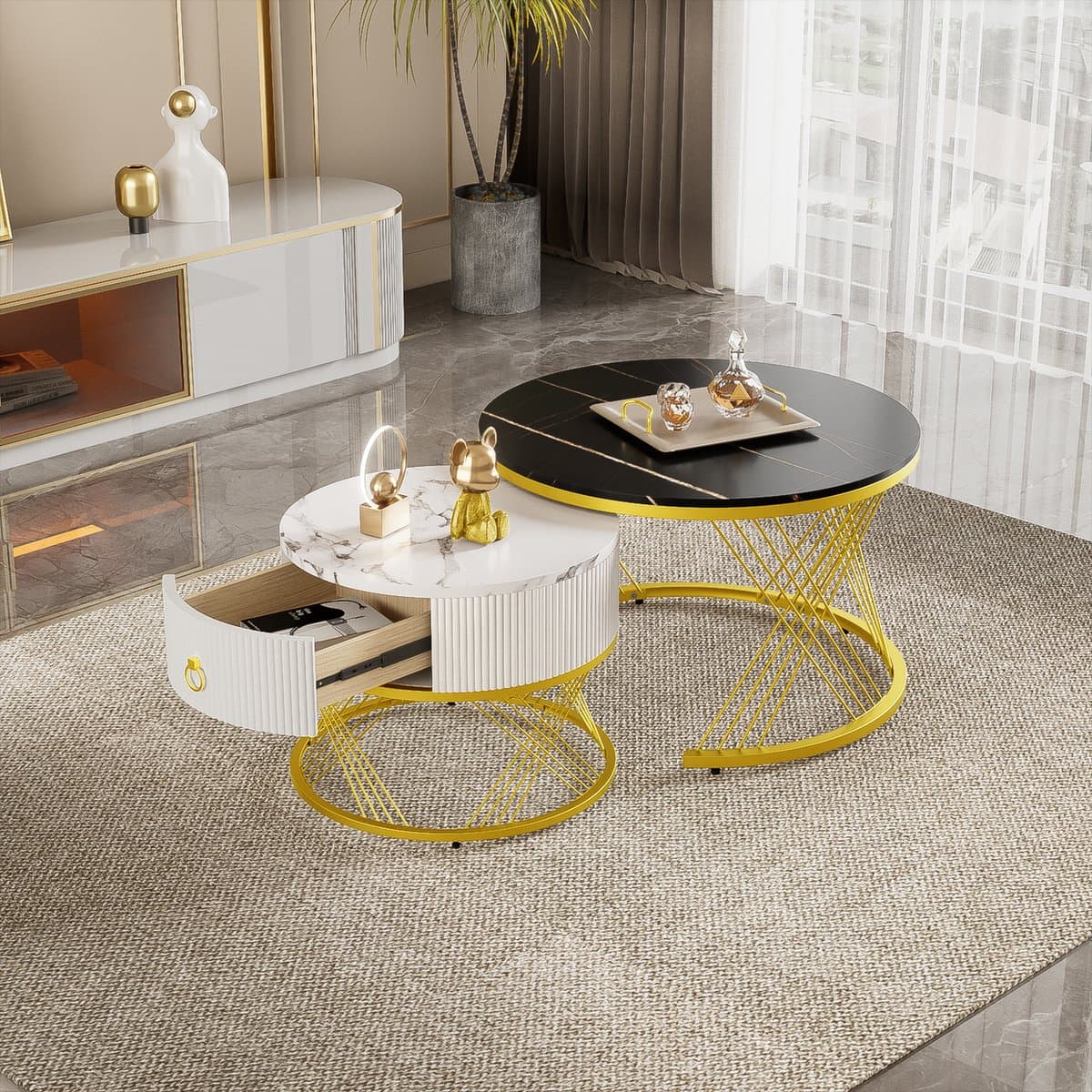 Salontafelset 2-delig - Marmerlook en Goudaccenten - Laden en Nestbaar Ontwerp - MDF - Wit Goud