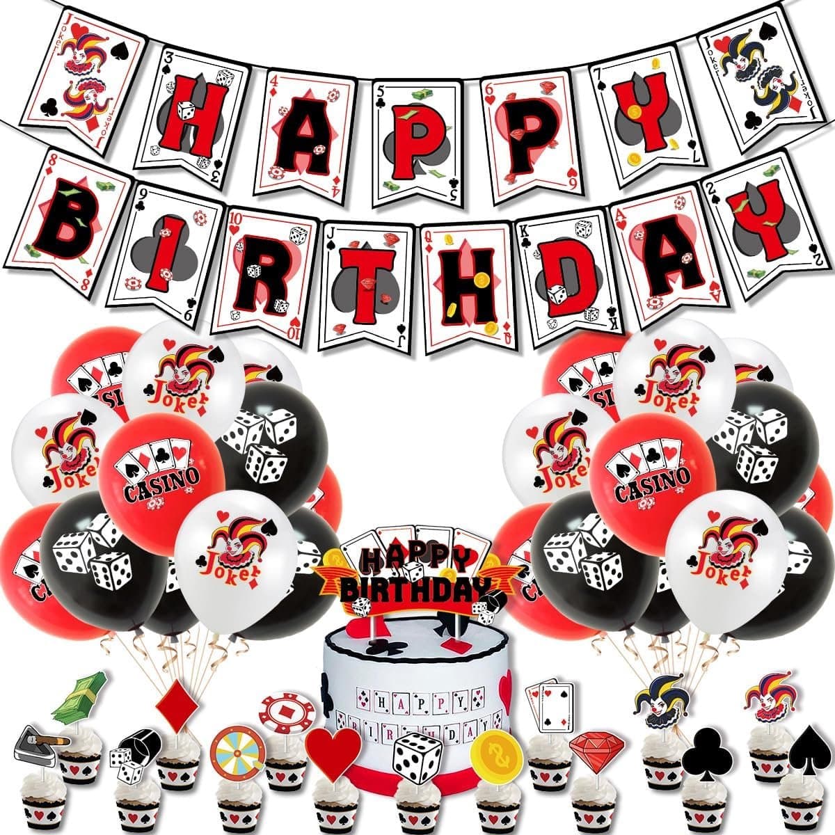 37 Piece Poker Birthday Balloon Set, Las Vegas Casino Theme Party, Includes Birthday Banner, Balloons and Casino Style - ShopVlot