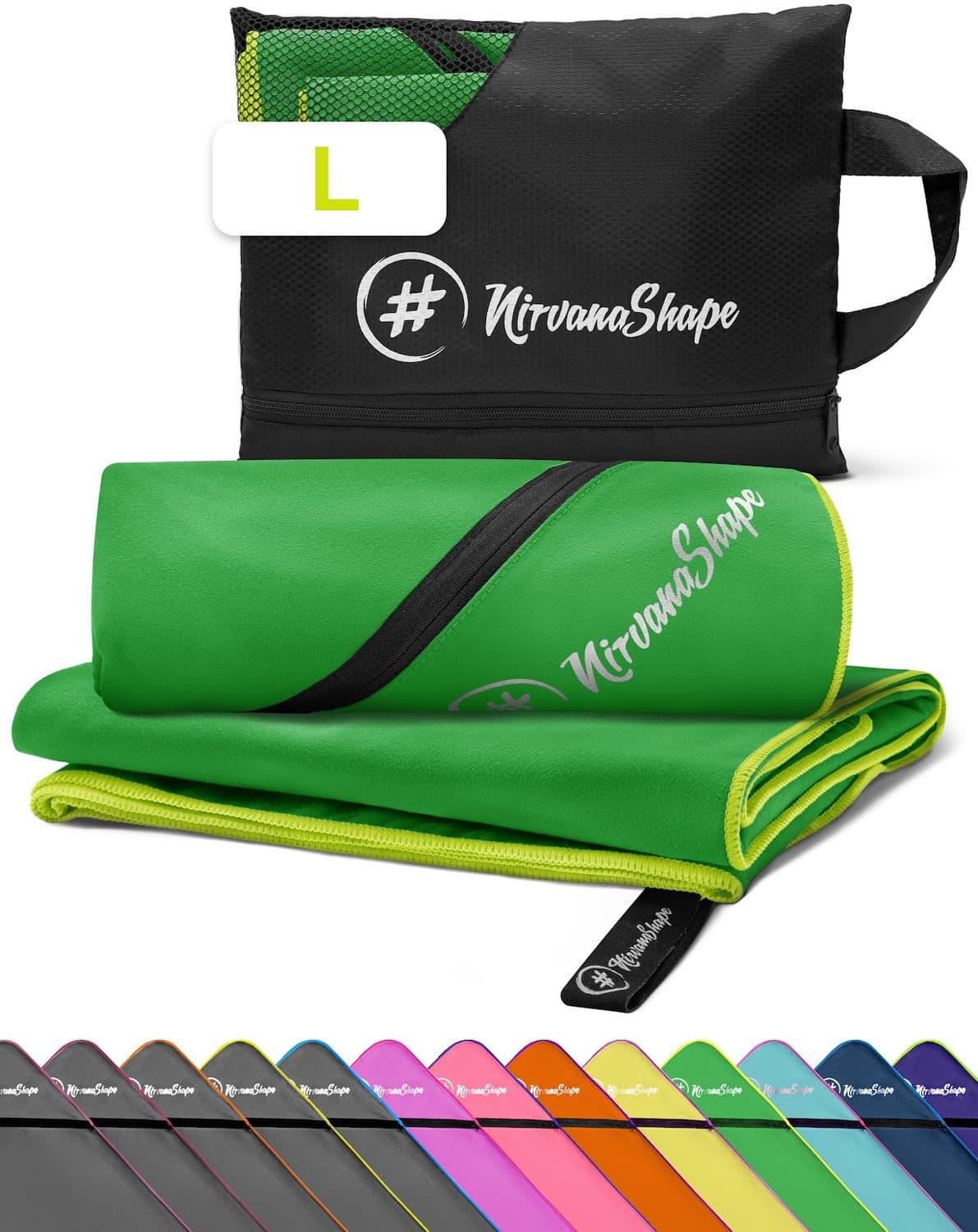 NirvanaShape - microvezel handdoek - strandlaken en badlaken - sneldrogend en absorberend - sporthanddoek met slimme hoekzak - 140 x 70 cm - Groen / Gele Rand