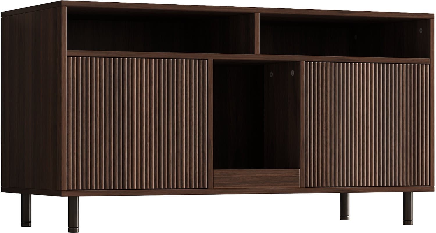 Kattenbakmeubel voor twee kattenbakken - Met uitloopmat en opbergruimte - Geribbelde deuren - 120 x 50 x 66 cm - Walnootkleurig MDF