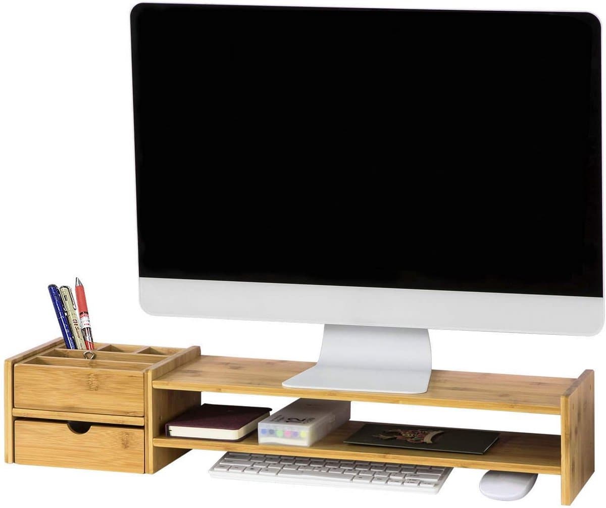 SoBuy BBF01-N Monitor Stand Computer Stand Desk Organizer with 2 Steps and 2 Side Storage Boxes - Bamboo Wood