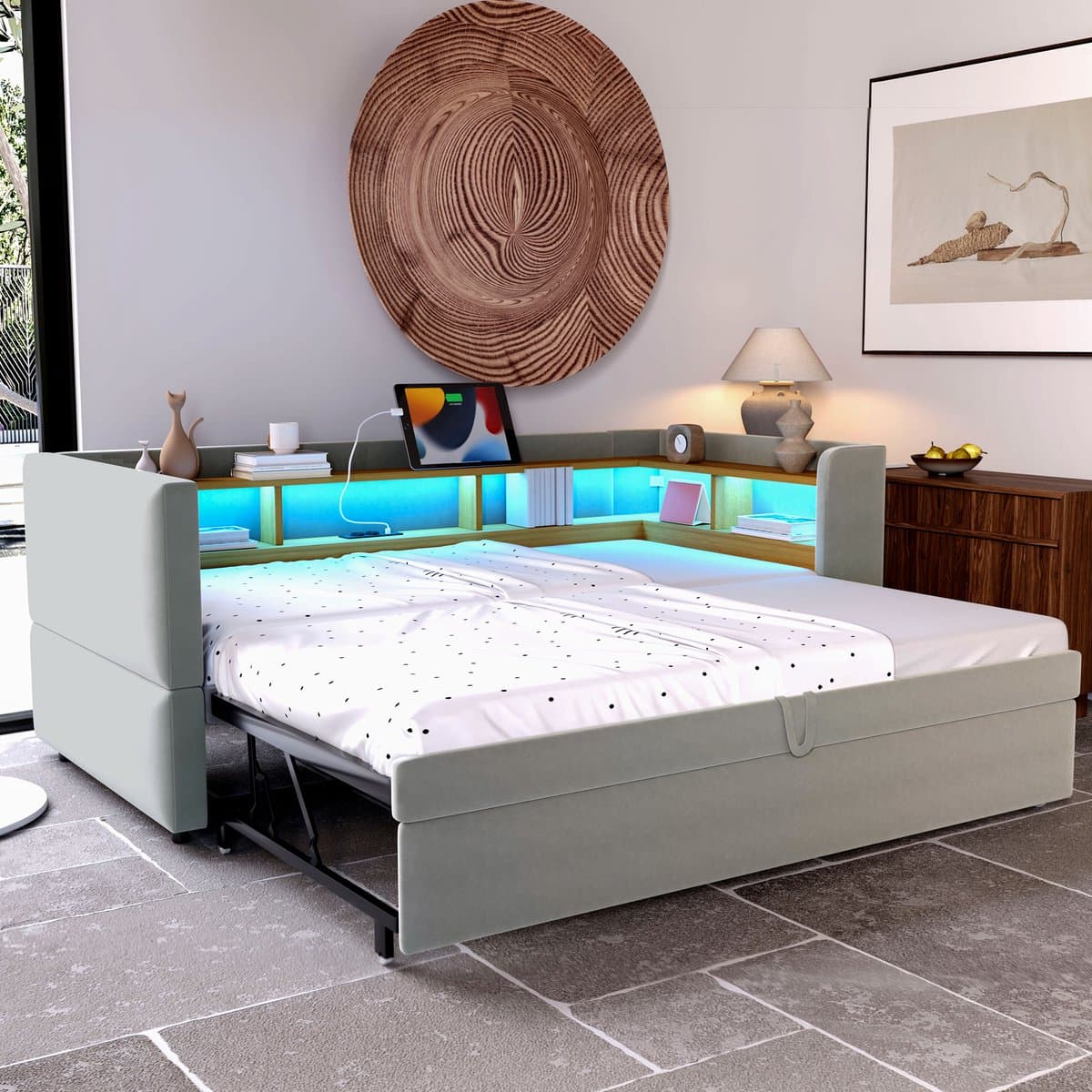 Slaapbank 180x190 cm - Met Opbergruimte - Met LED-verlichting - Met Stopcontact - Light Grijs
