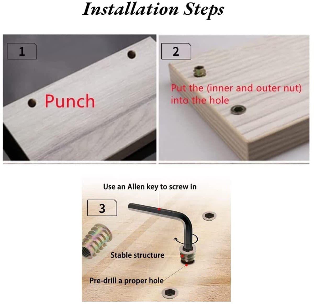 Dailygoods- Moeren pakket van 20 stuks - Zeskant Steekmoeren - M6/M8/M10 - Zinklegering - Houten Inzetstukken - Buitendraad