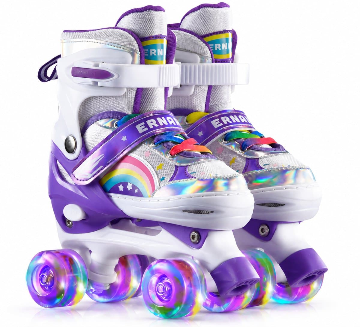 ZOSUDULL- Rolschaatsen meisjes - 8 lichtgevende PU-wielen zonder batterijen - Rolschaatsen meisjes verstelbaar - 4 maten, ABEC-7, drievoudige sluiting en dubbele rem - M 21.5-24.5 cm - Paars-wit