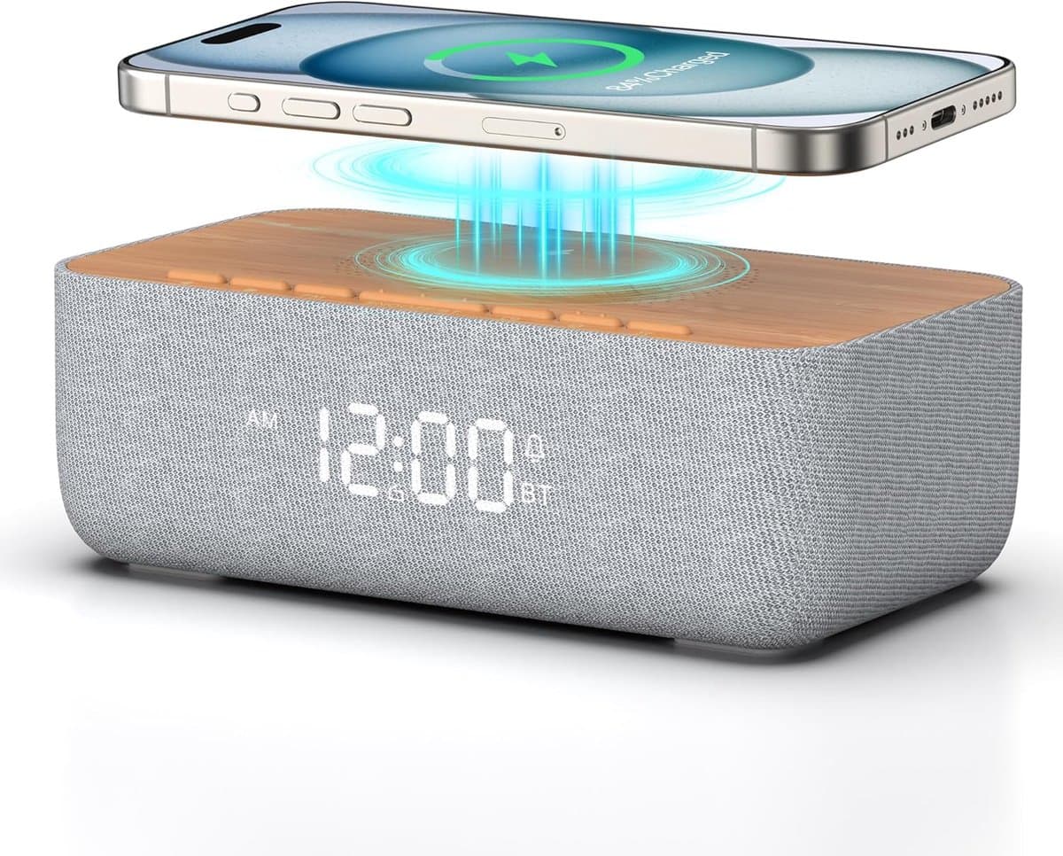 Digitale wekkerradio - Nachtklok speaker - Rustig wakker worden - Draadloos laadstation - Groot formaat - Grijs bruin
