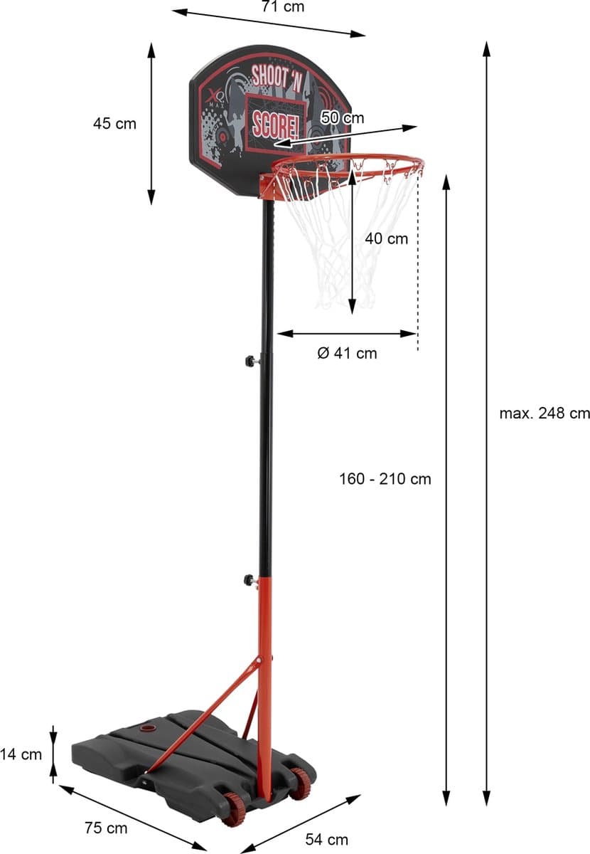 XQ Max Basketbalset - Basketbalstandaard - Verstelbaar van 1.38 m tot 2.5 m - Zwart/Oranje