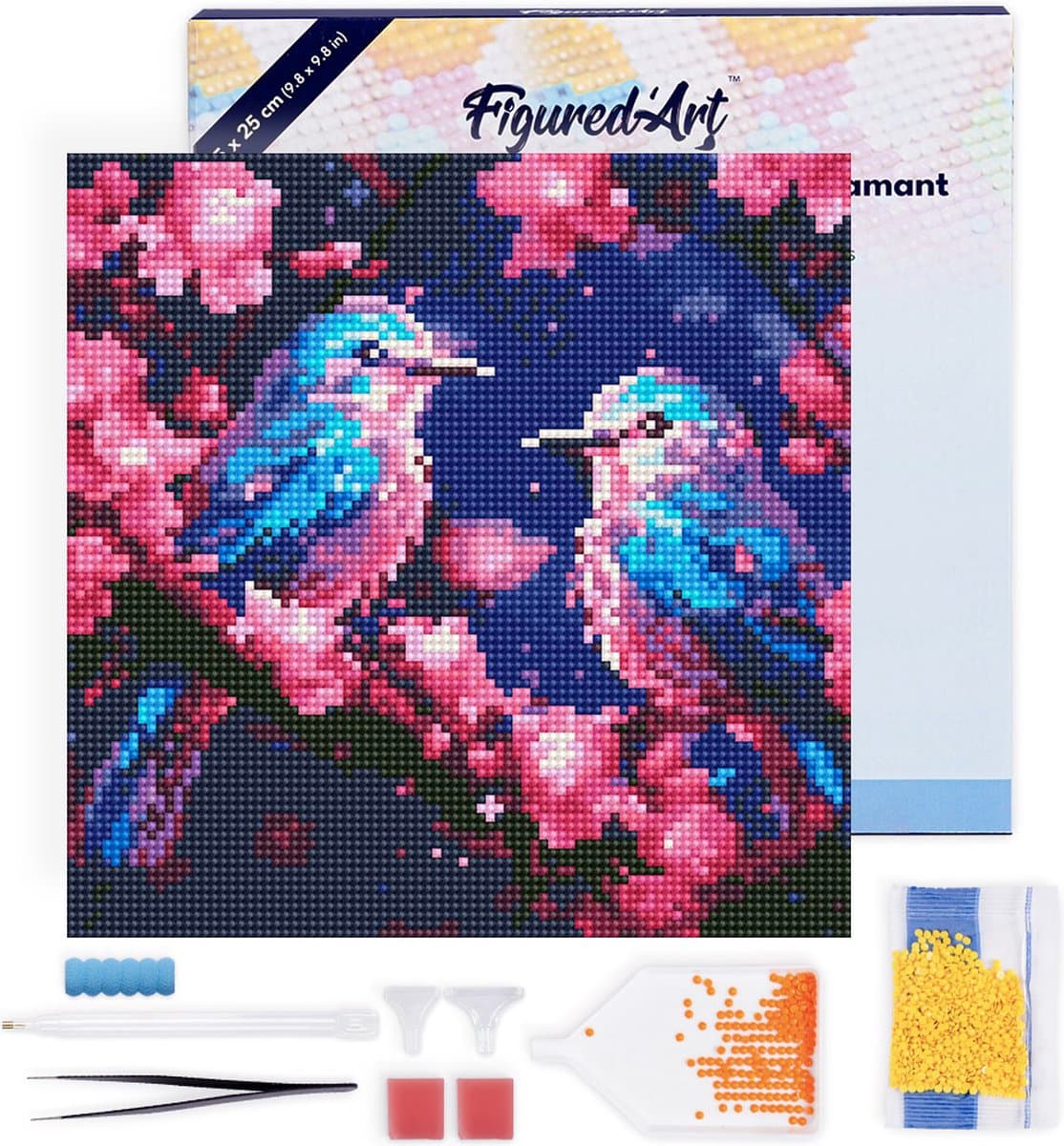 Figured'Art Mini Diamond Painting set Volwassenen 25x25 cm met lijst Glinsterende Blauwe Vogels - 5D DIY Art full drill ronde diamant - Canvas al ingelijst
